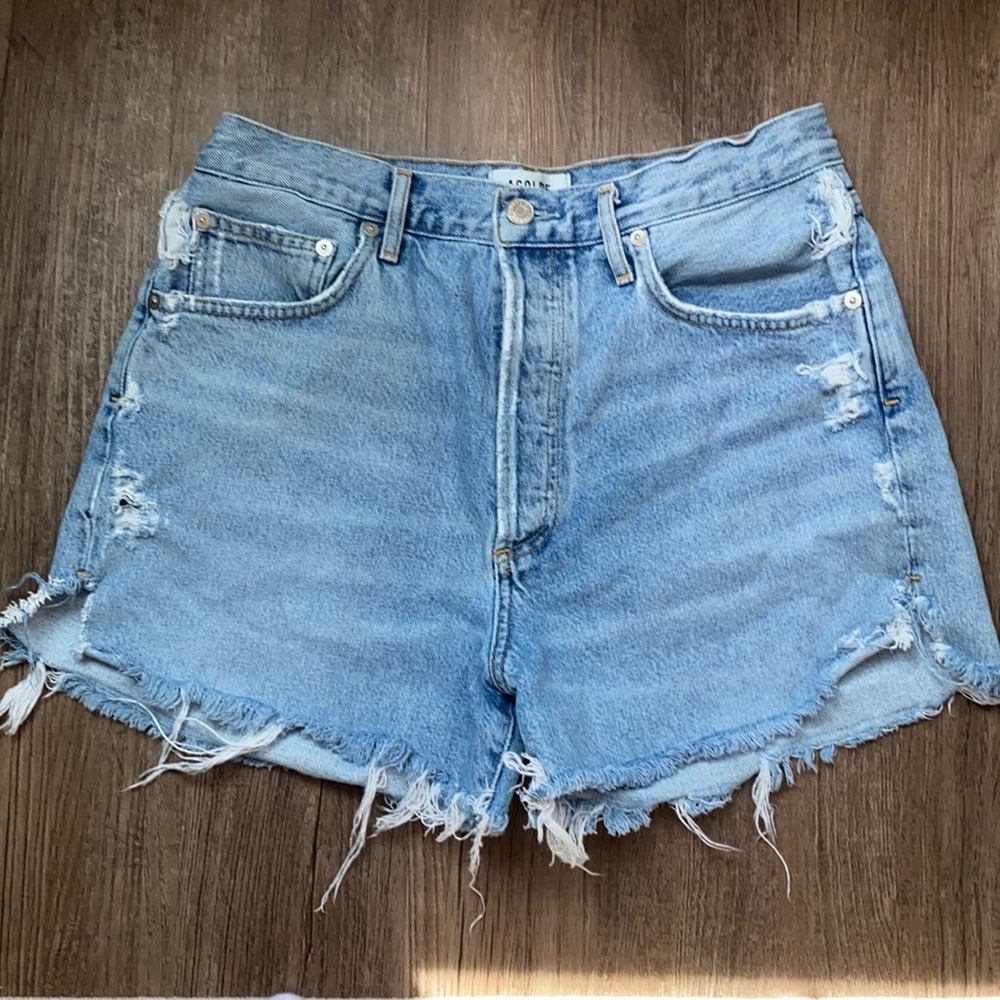 Agolde Light Blue Distressed High-Rise Denim Shorts